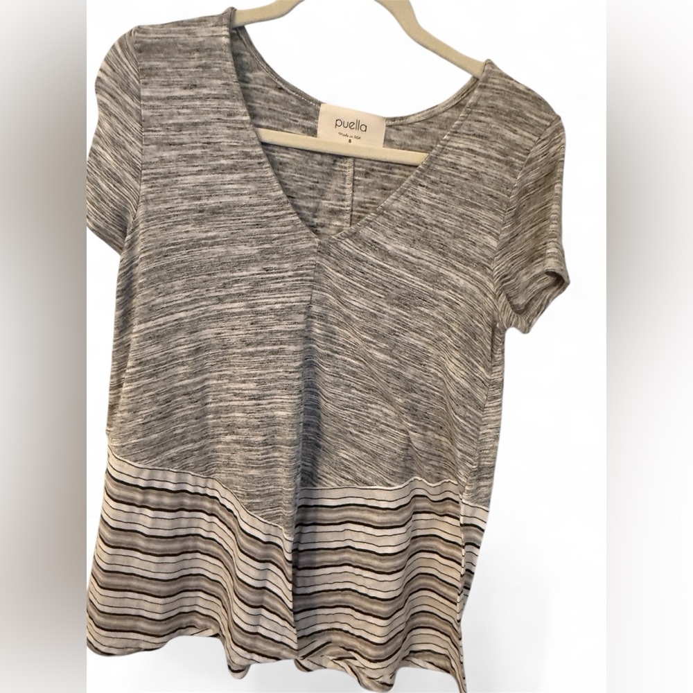 Puella Top V-Neck Tunic Top Gray Heather Stripe Hem Made in USA Size S